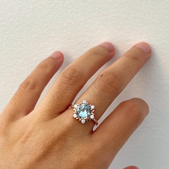 Fine Jewelry 925 Sterling Silver Blue Topaz Ring, Dainty Rose Gold Plated - Picture 4 of 11